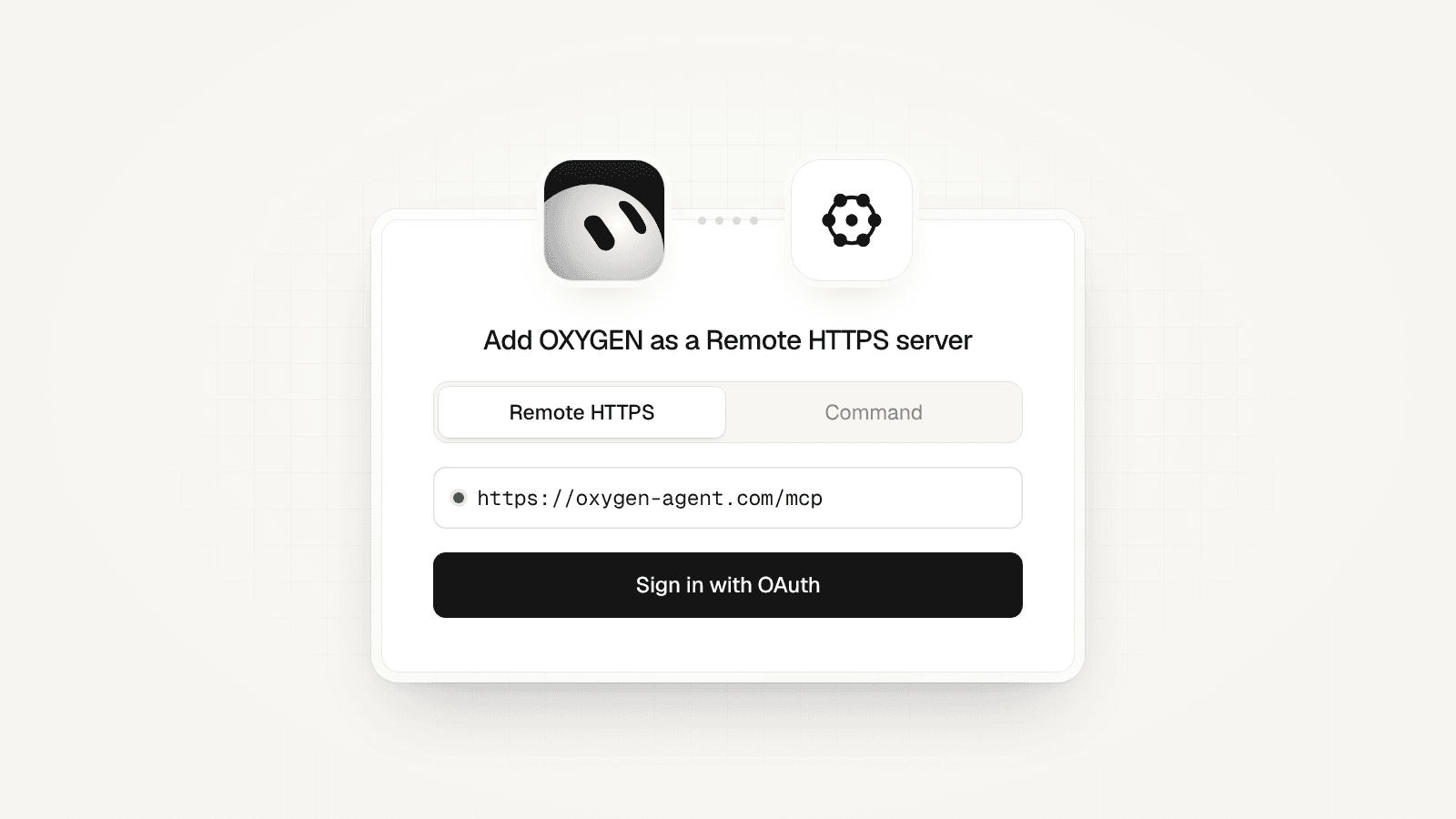 A connect card with the Grok Bot mark linked to the OXYGEN mark: Remote HTTPS, https://theoxygenhq.com/mcp, and Sign in with OAuth.